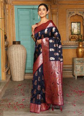 Navy blue silk blend woven saree with paisley motifs 1