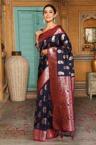 Navy blue silk blend woven saree with paisley motifs