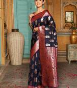 Navy blue silk blend woven saree with paisley motifs