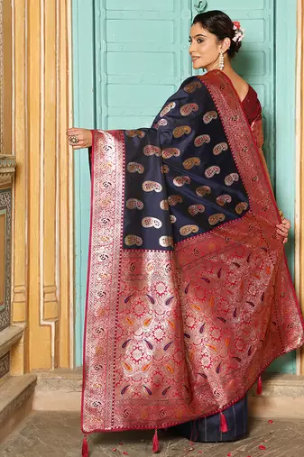 Navy blue silk blend woven saree with paisley motifs