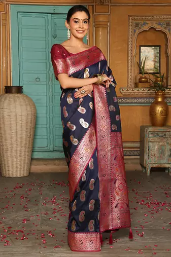 Navy blue silk blend woven saree with paisley motifs