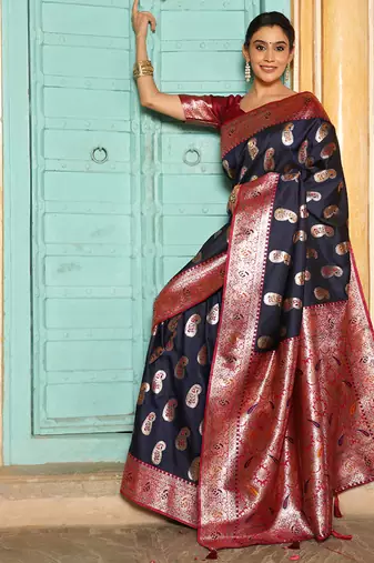 Navy blue silk blend woven saree with paisley motifs