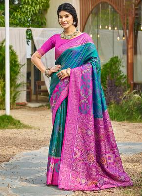 Teal blue banarasi silk blend woven saree with contrast border 1