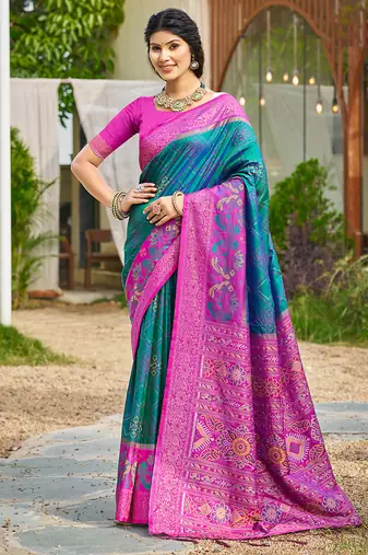 Teal blue banarasi silk blend woven saree with contrast border