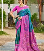 Teal blue banarasi silk blend woven saree with contrast border
