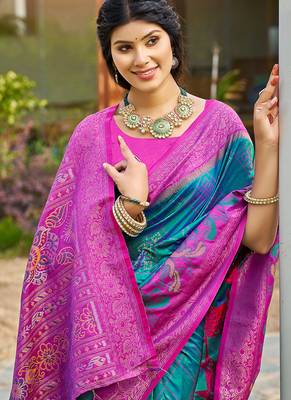 Teal blue banarasi silk blend woven saree with contrast border 2