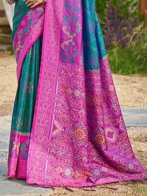 Teal blue banarasi silk blend woven saree with contrast border 3