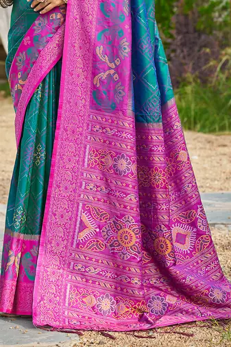 Teal blue banarasi silk blend woven saree with contrast border