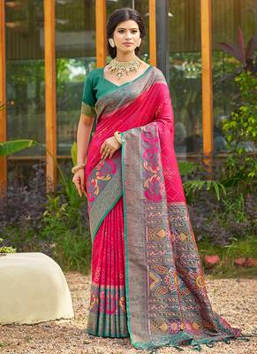 Rani pink banarasi silk blend woven saree with contrast border 1