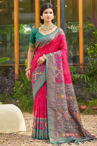 Rani pink banarasi silk blend woven saree with contrast border