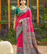 Rani pink banarasi silk blend woven saree with contrast border