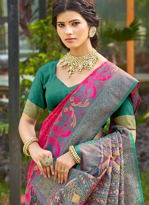 Rani pink banarasi silk blend woven saree with contrast border 2