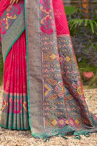 Rani pink banarasi silk blend woven saree with contrast border