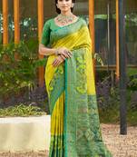 Lemon yellow banarasi silk blend woven saree with contrast border