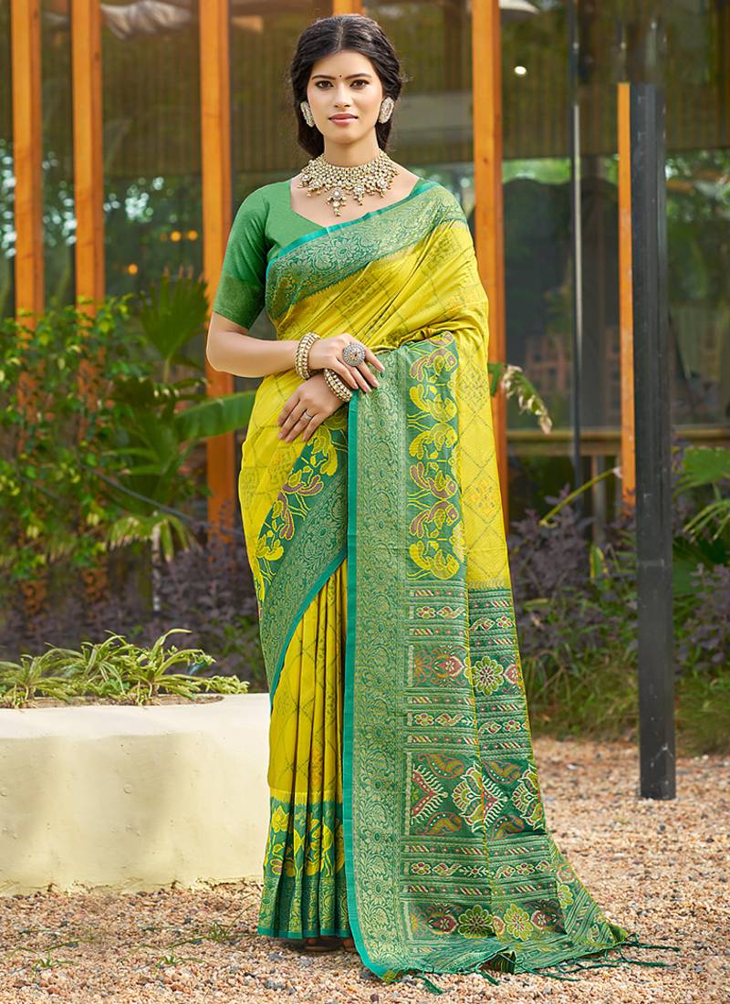 Lemon yellow banarasi silk blend woven saree with contrast border