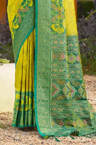 Lemon yellow banarasi silk blend woven saree with contrast border