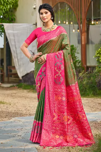 Mehendi green banarasi silk blend woven saree with contrast border