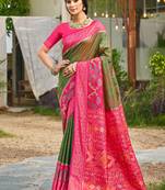 Mehendi green banarasi silk blend woven saree with contrast border