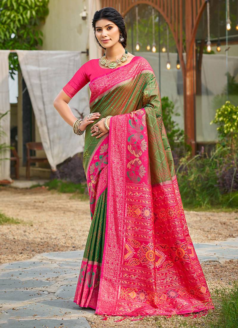Mehendi green banarasi silk blend woven saree with contrast border