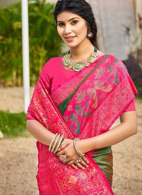 Mehendi green banarasi silk blend woven saree with contrast border 2