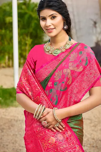Mehendi green banarasi silk blend woven saree with contrast border