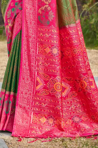 Mehendi green banarasi silk blend woven saree with contrast border