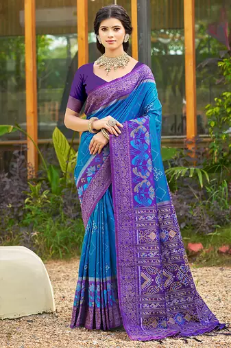 Sky blue banarasi silk blend woven saree with contrast border