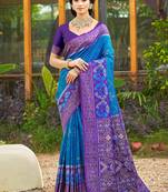 Sky blue banarasi silk blend woven saree with contrast border