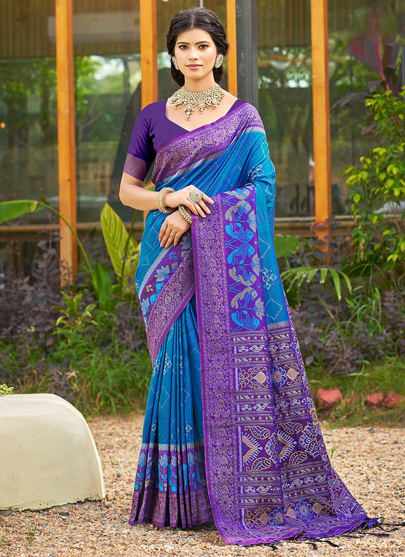 Sky blue banarasi silk blend woven saree with contrast border