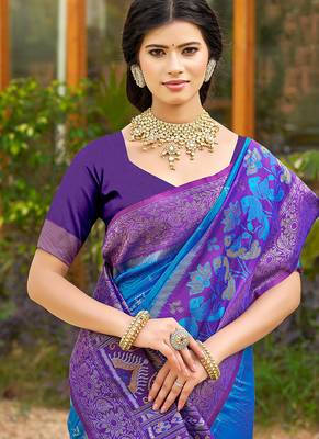 Sky blue banarasi silk blend woven saree with contrast border 2