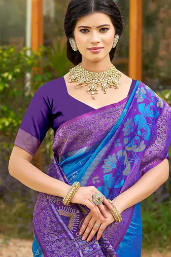 Sky blue banarasi silk blend woven saree with contrast border