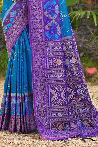 Sky blue banarasi silk blend woven saree with contrast border