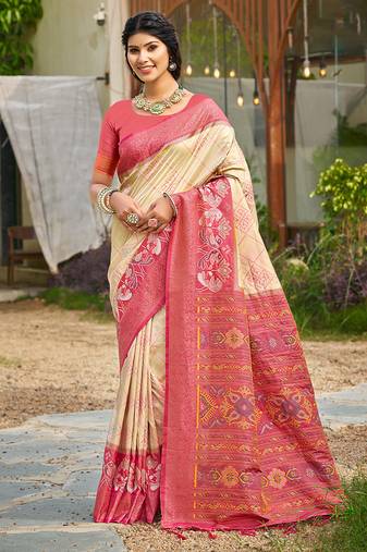 Cream banarasi silk blend woven saree with contrast border