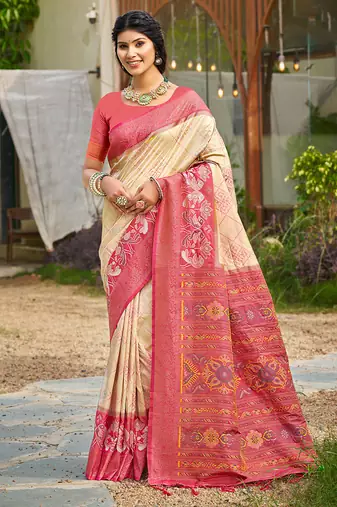 Cream banarasi silk blend woven saree with contrast border