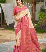 Cream banarasi silk blend woven saree with contrast border