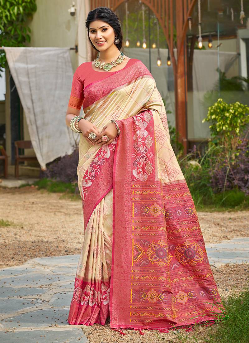 Cream banarasi silk blend woven saree with contrast border