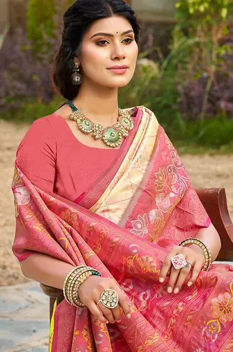 Cream banarasi silk blend woven saree with contrast border