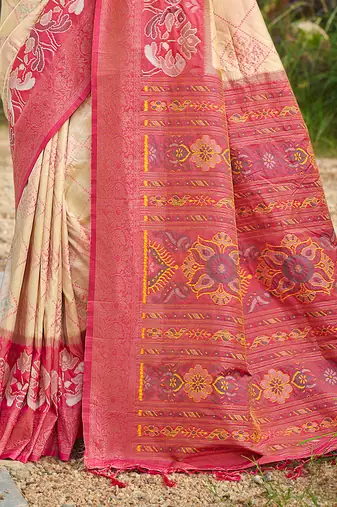 Cream banarasi silk blend woven saree with contrast border