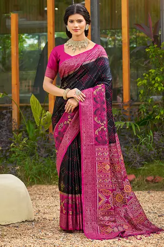 Black banarasi silk blend woven saree with contrast border