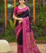 Black banarasi silk blend woven saree with contrast border