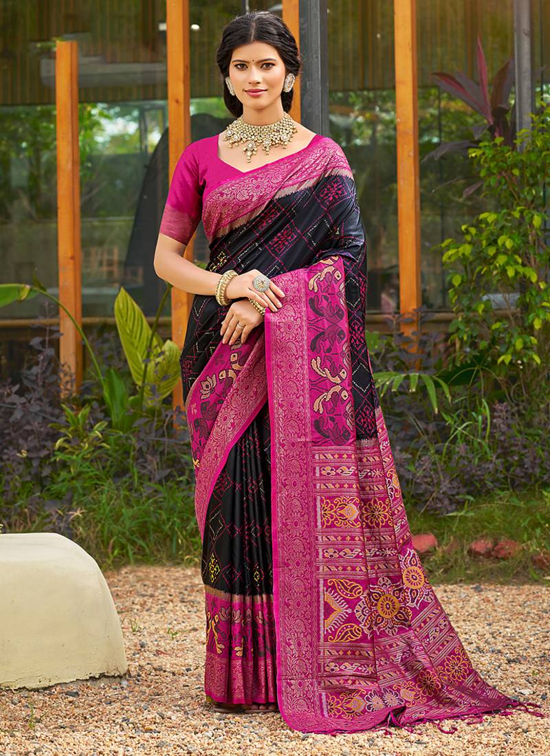 Black banarasi silk blend woven saree with contrast border