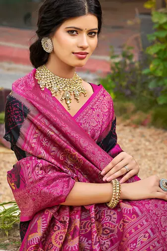 Black banarasi silk blend woven saree with contrast border