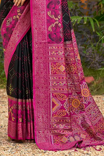 Black banarasi silk blend woven saree with contrast border