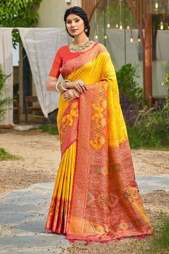 Yellow banarasi silk blend woven saree with contrast border