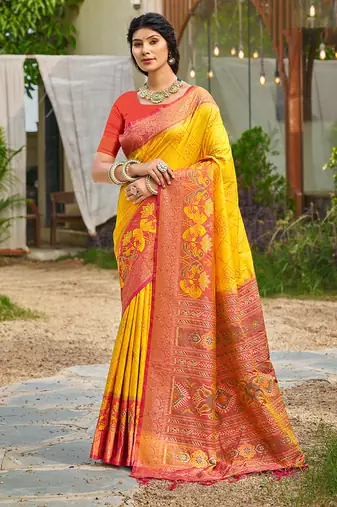 Yellow banarasi silk blend woven saree with contrast border
