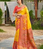 Yellow banarasi silk blend woven saree with contrast border