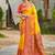 Yellow banarasi silk blend woven saree with contrast border