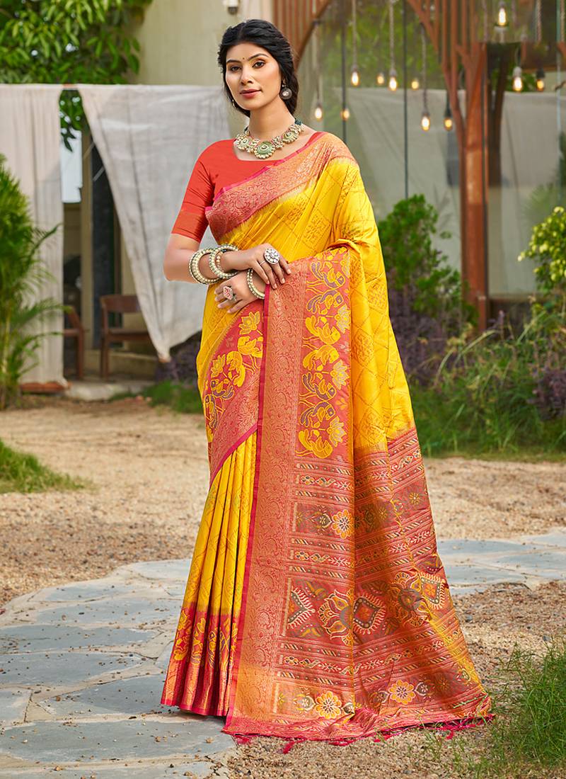 Yellow banarasi silk blend woven saree with contrast border