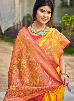Yellow banarasi silk blend woven saree with contrast border 2