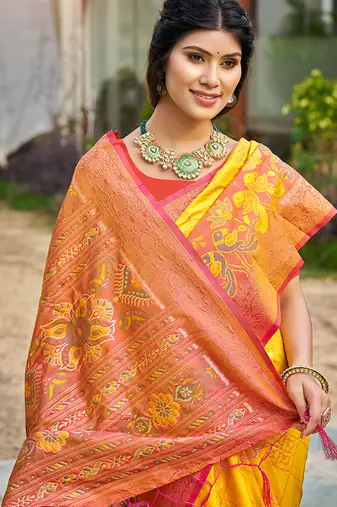 Yellow banarasi silk blend woven saree with contrast border